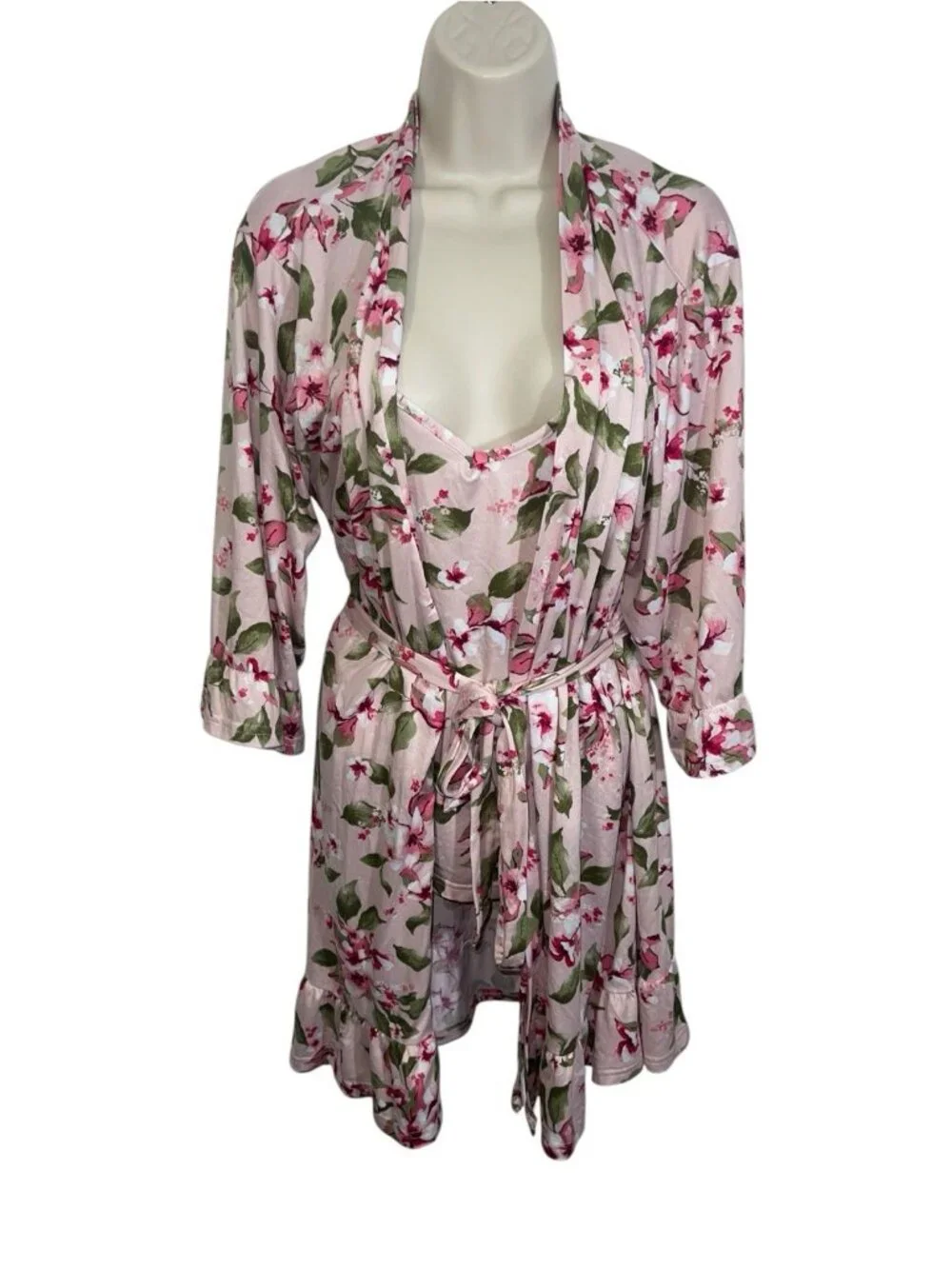 MARILYN MONROE Women's Size XL Pink Floral Dressing Gown Robe & Pajama Top Set